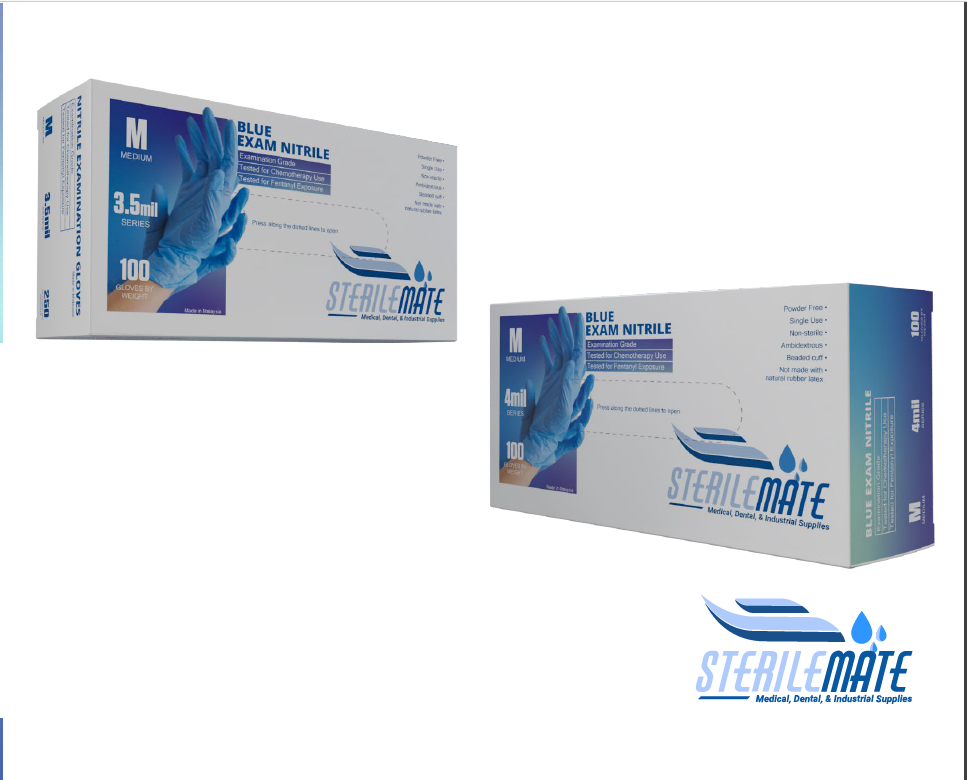 Sterile Mate Blue Exam Nitrile Gloves — 3.5 mil and 4 mil dispensing boxes