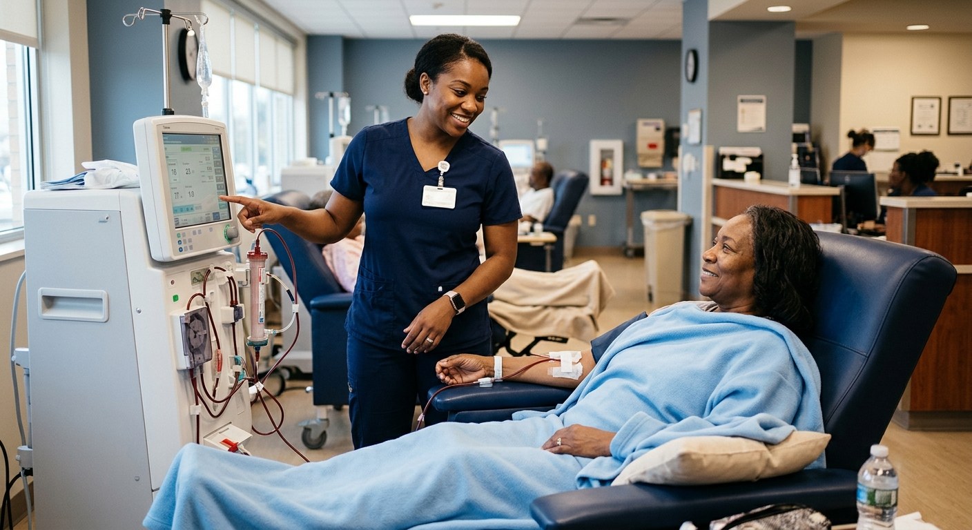 A dialysis nurse checking a hemodialysis machine while a patient is treated in a modern dialysis center