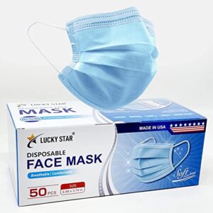 Lucky Star Made in USA Masks - Blue Disposable Face Masks - (ASTM Level 2) - Premium 3 Ply Face Mask for Adults - Comfortable, Soft, Breathable - Face Mask American Made